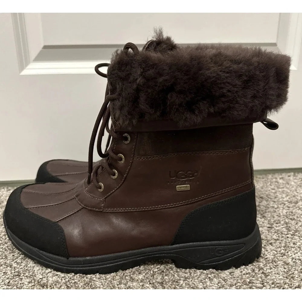 UGG Australia Mens 10.5 Brown Leather Shearling Winter Boots Vibram Waterproof